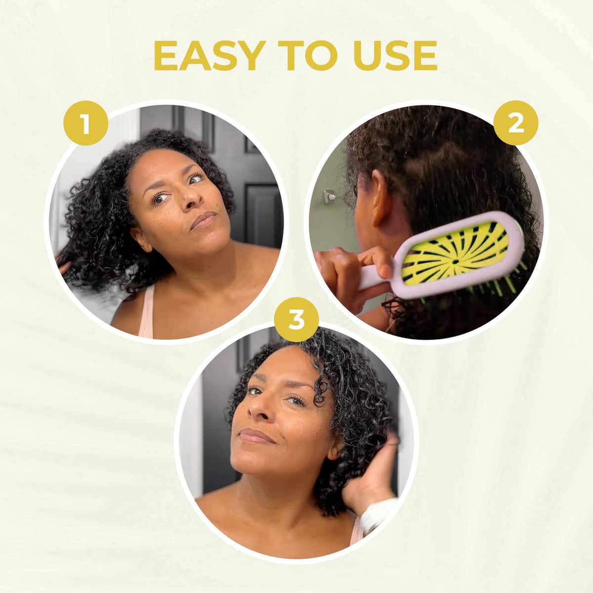Instruction graphic showing steps for using a detangling hair brush