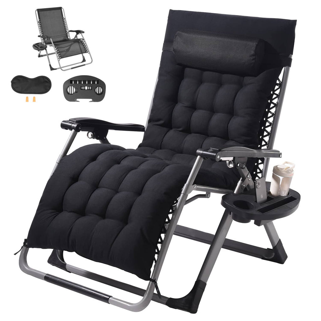 Black padded zero-gravity recliner lounge chair with cup tray and adjustable leg rest.