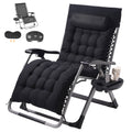 Black padded zero-gravity recliner lounge chair with cup tray and adjustable leg rest.