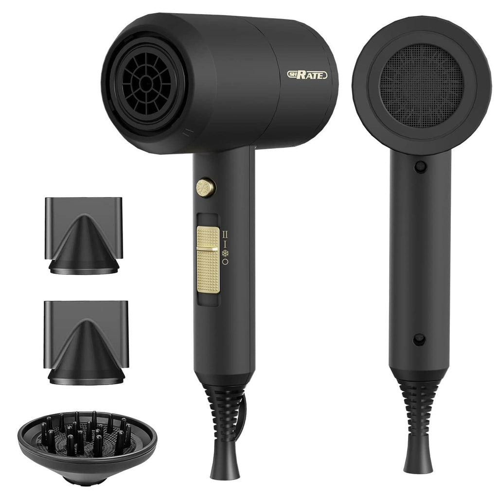 Black SHRATE hair dryer with diffuser and concentrator attachments, gold control panel
