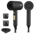 Black SHRATE hair dryer with diffuser and concentrator attachments, gold control panel