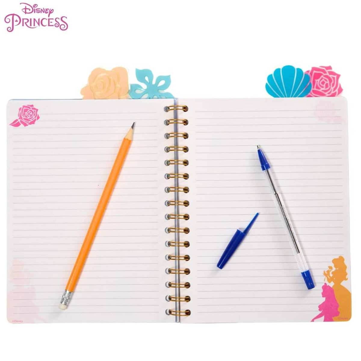 Open Disney Princess spiral notebook with lined pages and gold rings, tab illustrations at edges