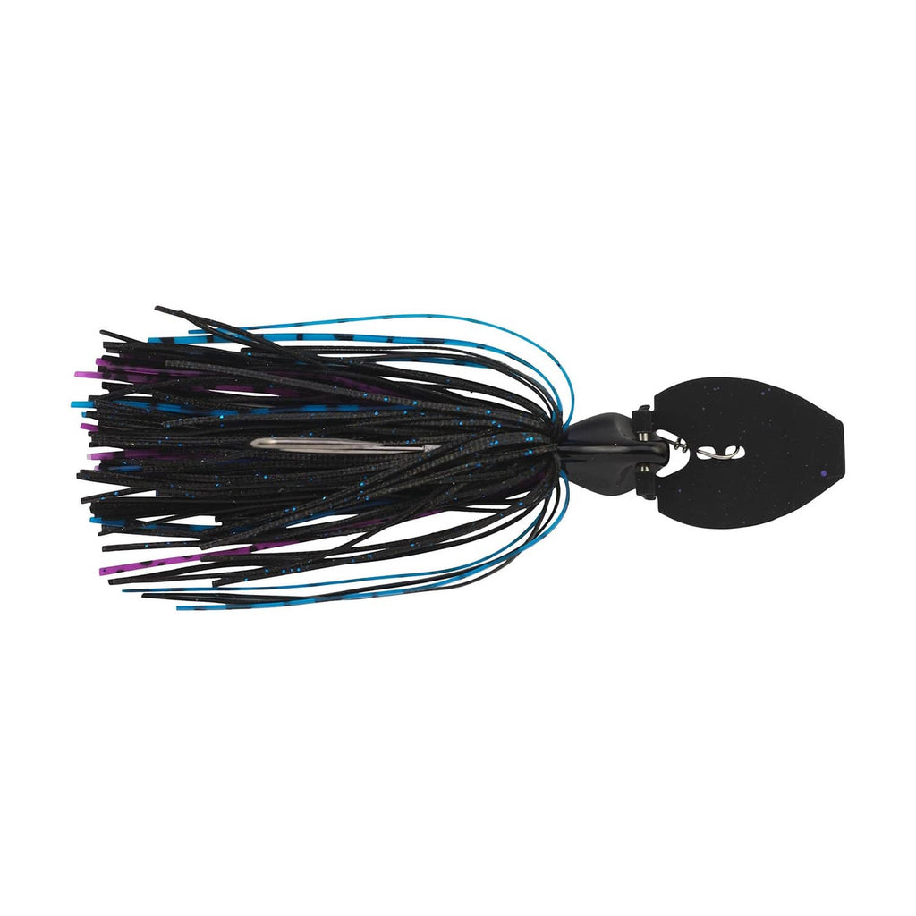 Black bladed jig with blue and purple silicone strands and wide spinner blade