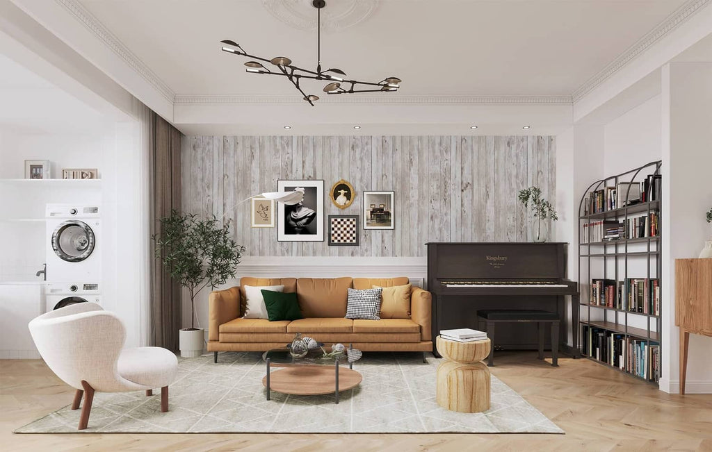 Wood grain wallpaper feature wall with whitewashed plank pattern and framed wall art.