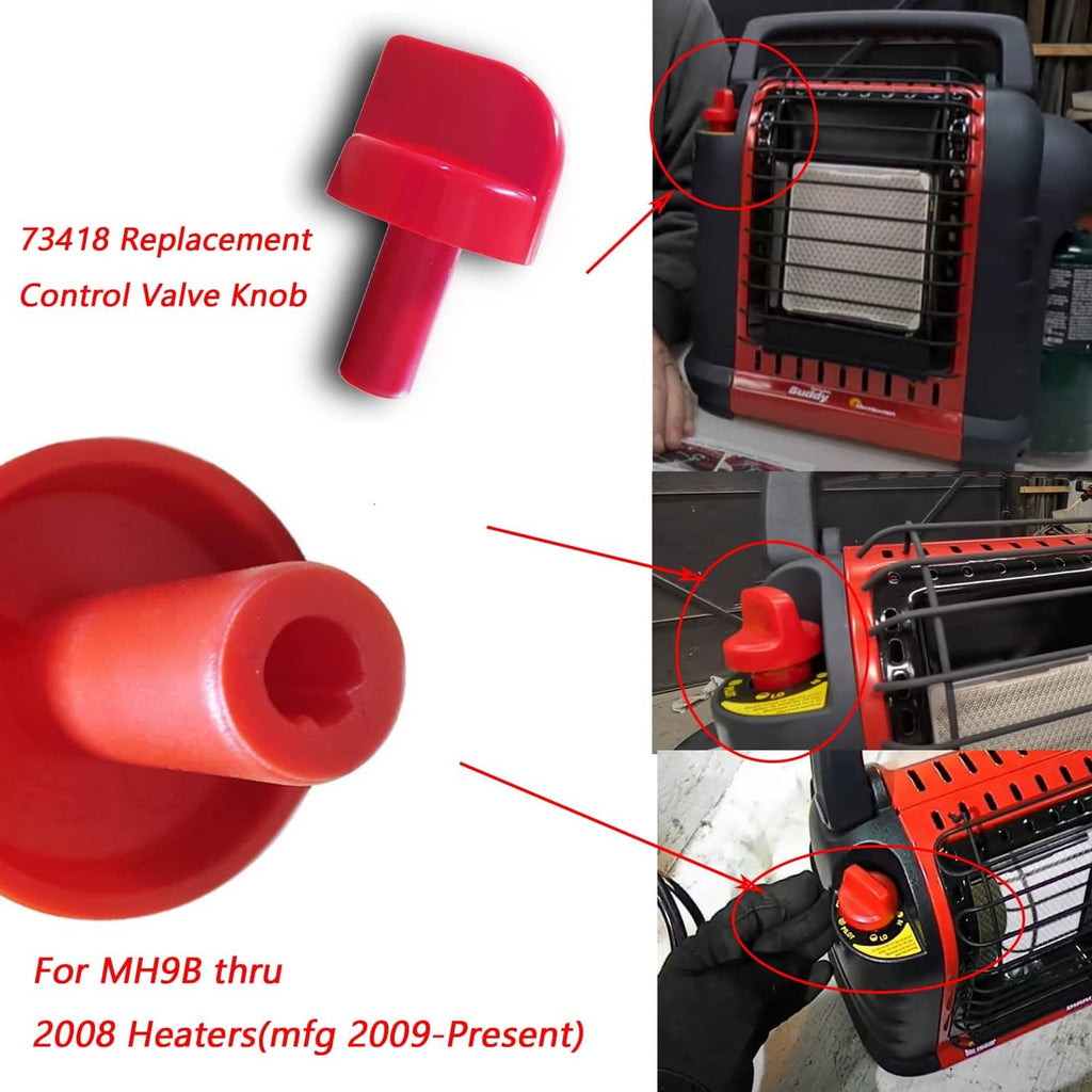 Red plastic control valve knob with round cap and cylindrical stem, close-up inset