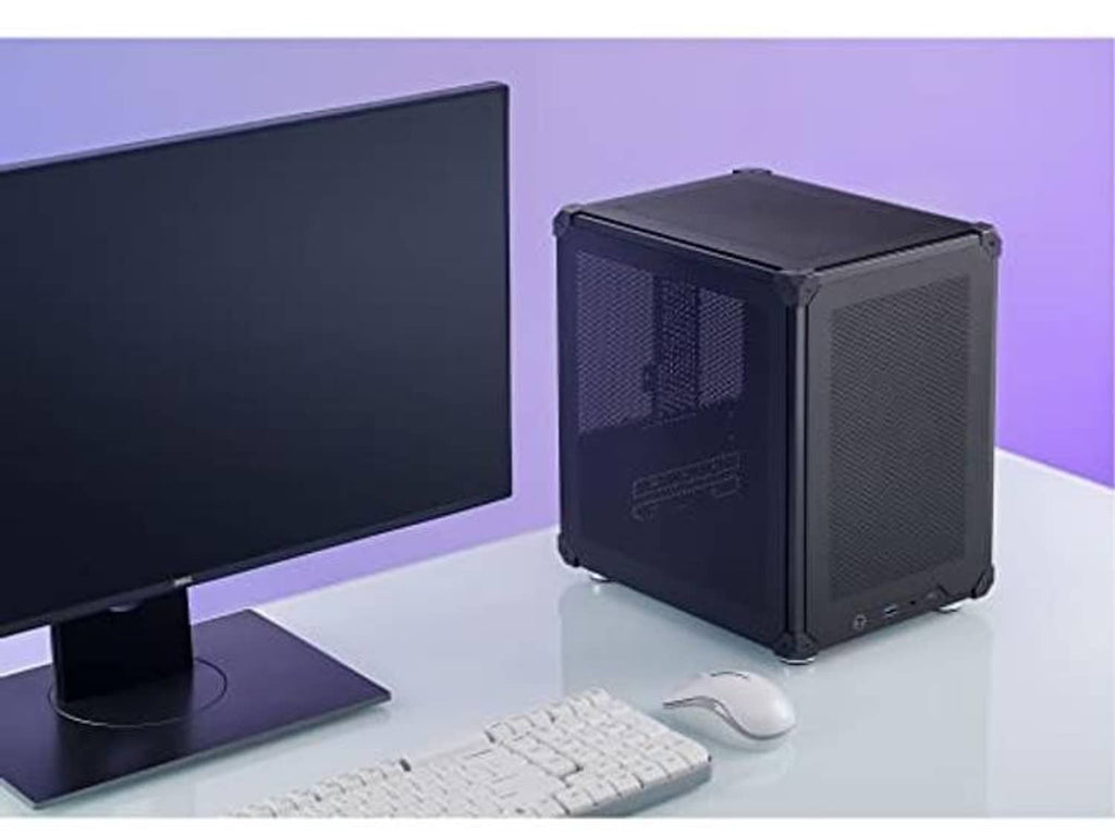 Black mini micro-ATX PC case with mesh front and side panels, front I/O ports