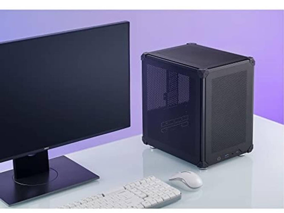Black mini micro-ATX PC case with mesh front and side panels, front I/O ports