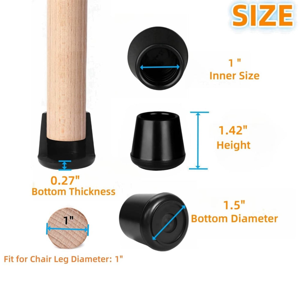 Black round rubber chair leg cap with open sleeve, shown fitted on wooden chair leg