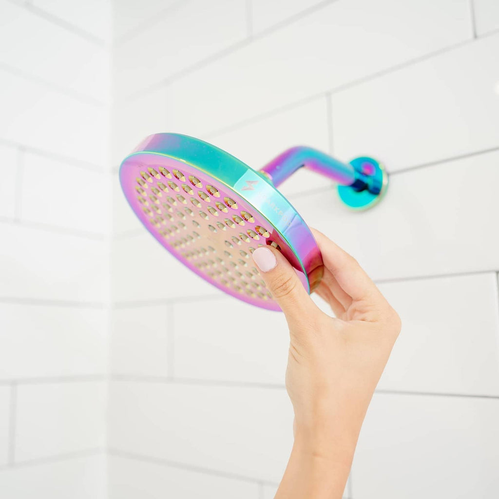 Rainbow 6-inch rain shower head with hand pressing the nozzle plate for cleaning