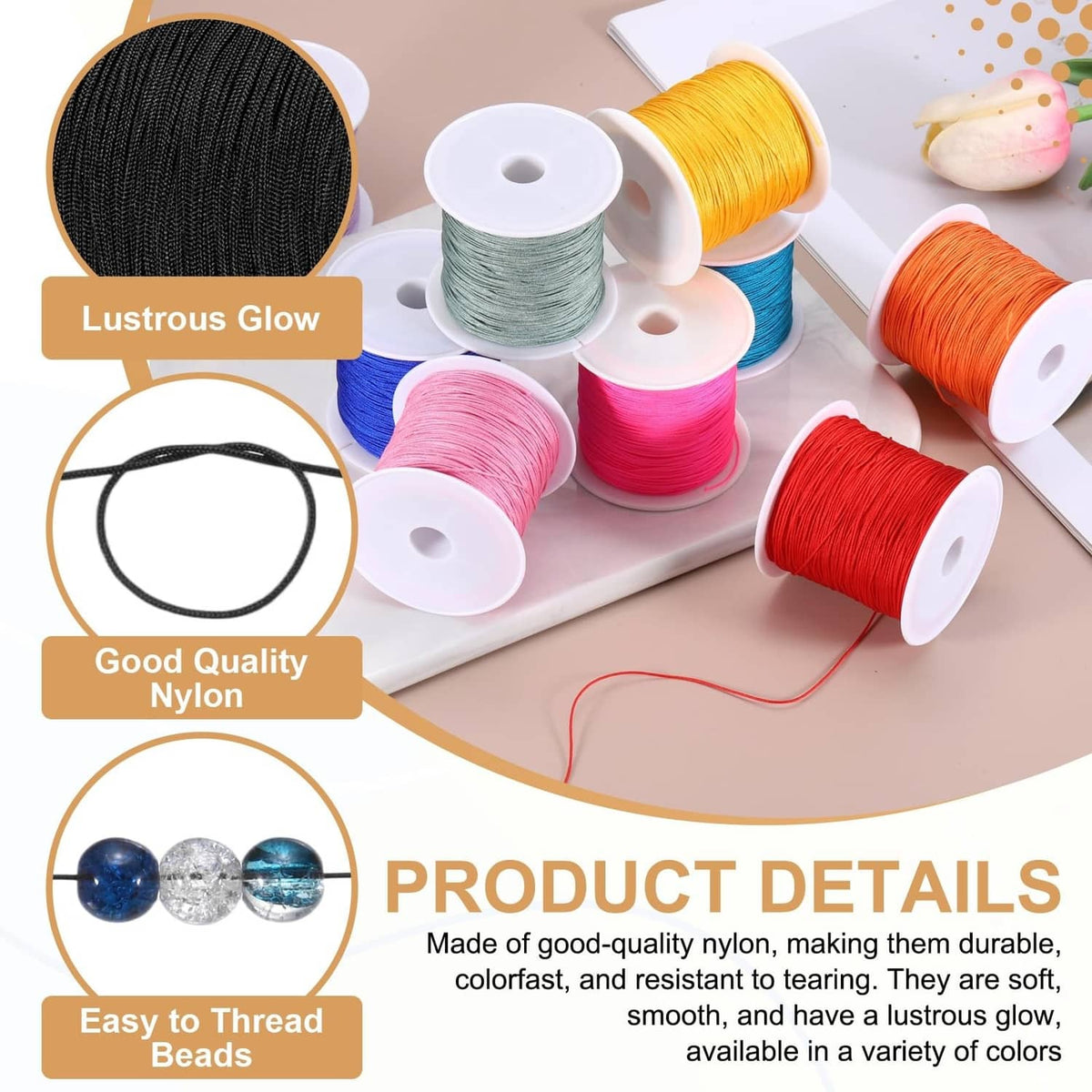 Spools of nylon string in assorted colors, including a black roll for bracelets