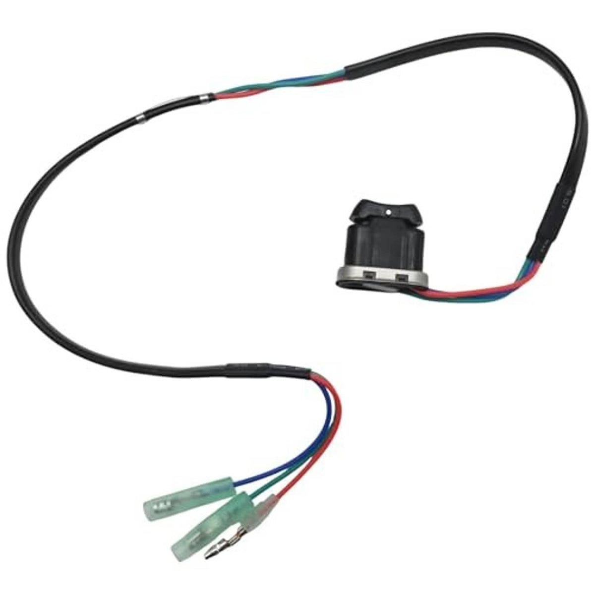 Trim and tilt switch assembly with black cable loop, switch housing, and green connectors