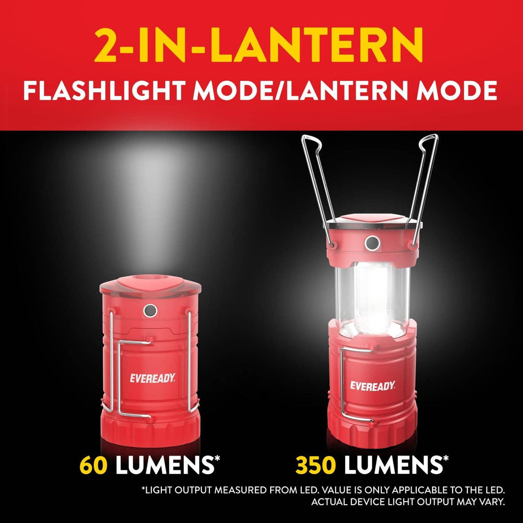 Red camping lantern with two metal carrying handles and clear lantern body.