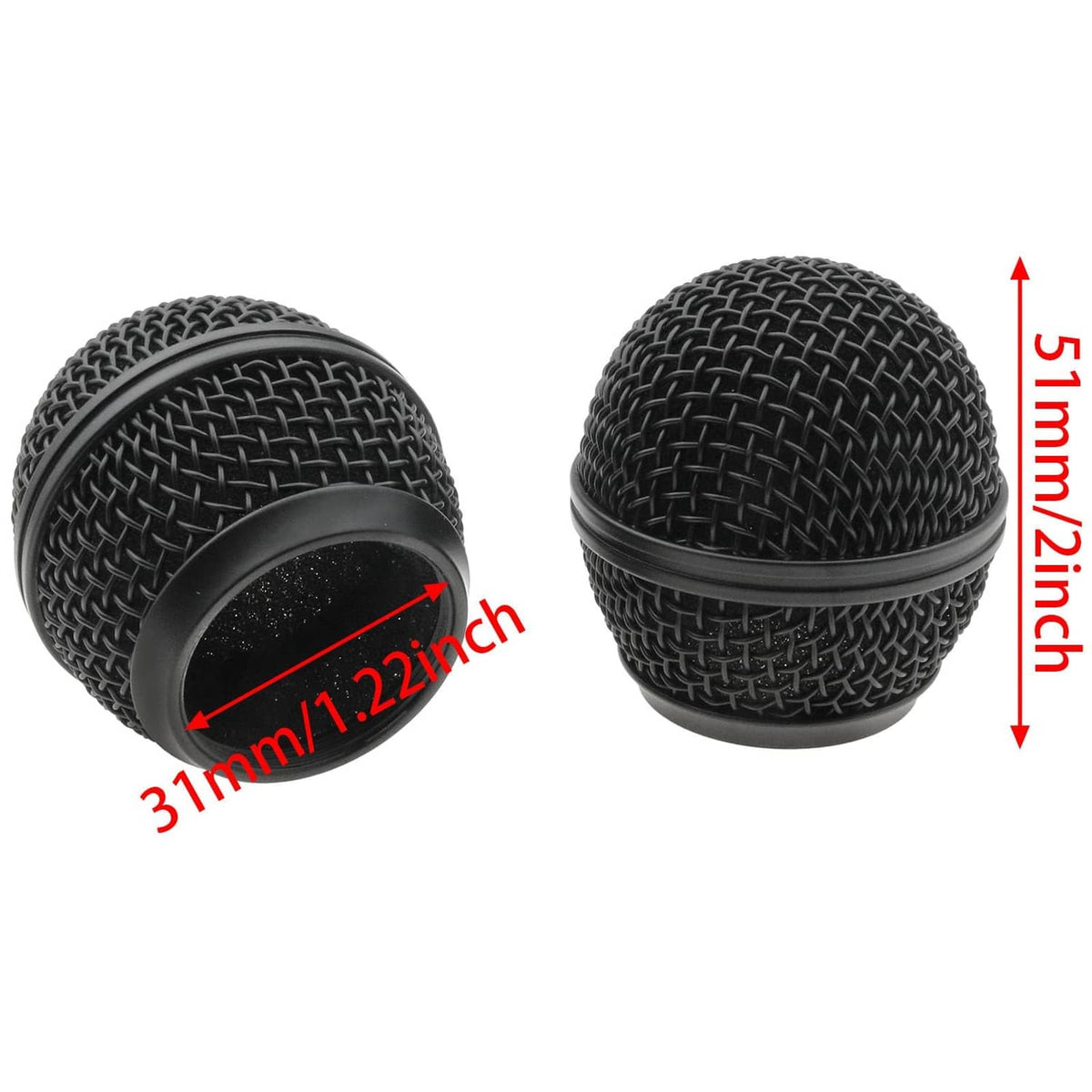 Two black microphone mesh ball head grill covers, 5cm tall, 3.1cm wide