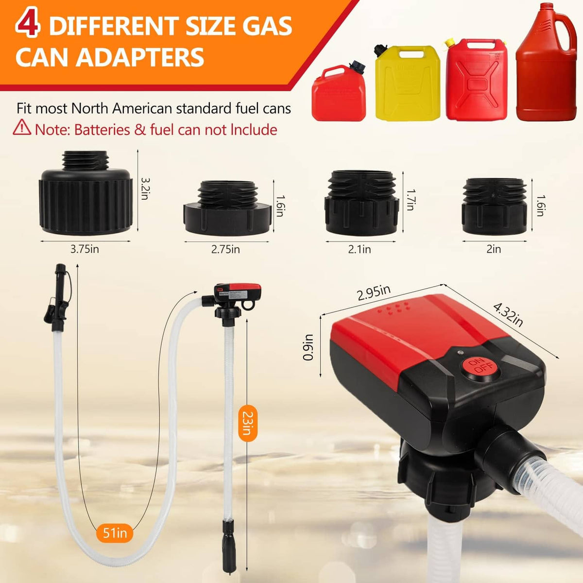Portable fuel transfer pump with four different gas can adapter caps and hoses