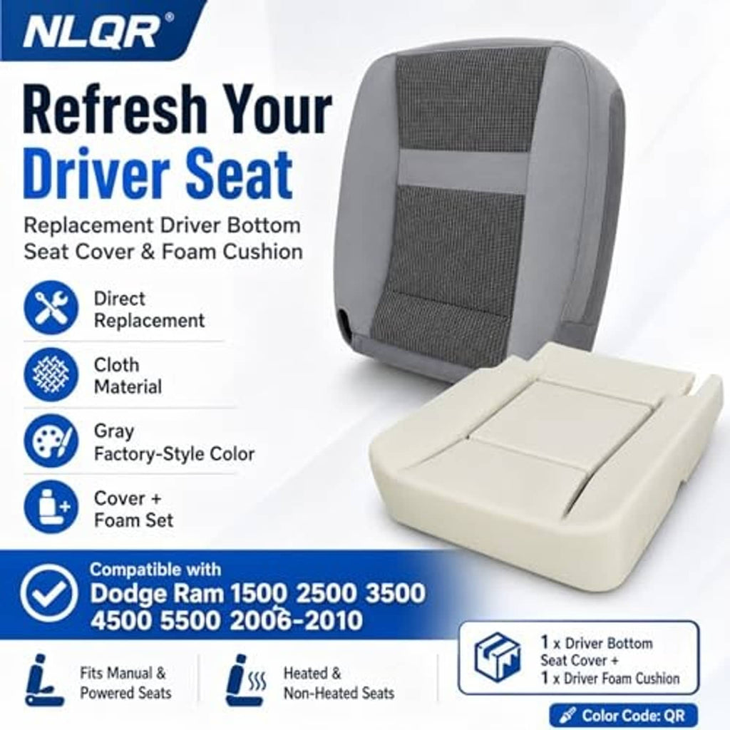 Gray cloth driver-side seat bottom cover with foam cushion, replacement set for bottom seat