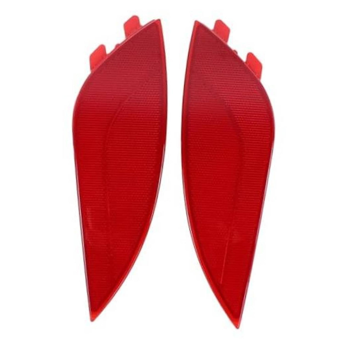 Pair of red rear bumper reflectors with angular, textured lens surface