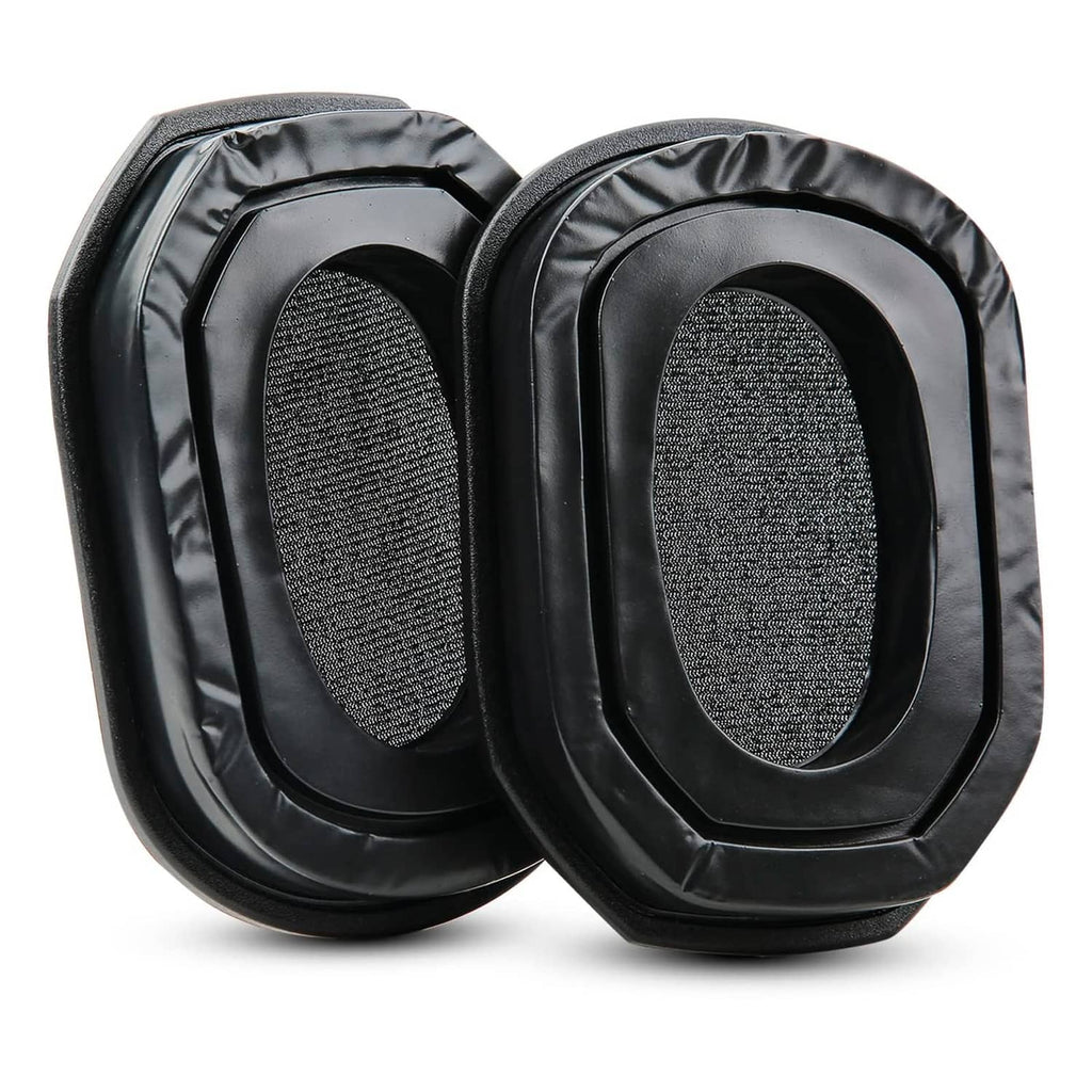 Pair of black gel-filled ear pads with gray mesh inserts and glossy trim