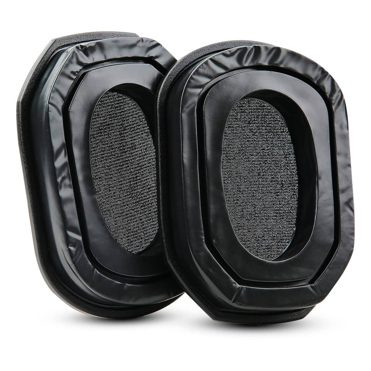 Pair of black gel-filled ear pads with gray mesh inserts and glossy trim