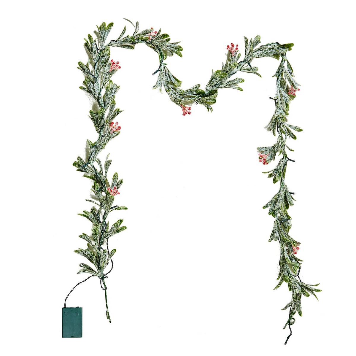 Olive leaf Christmas garland with red berries and hanging plug end on vine lights