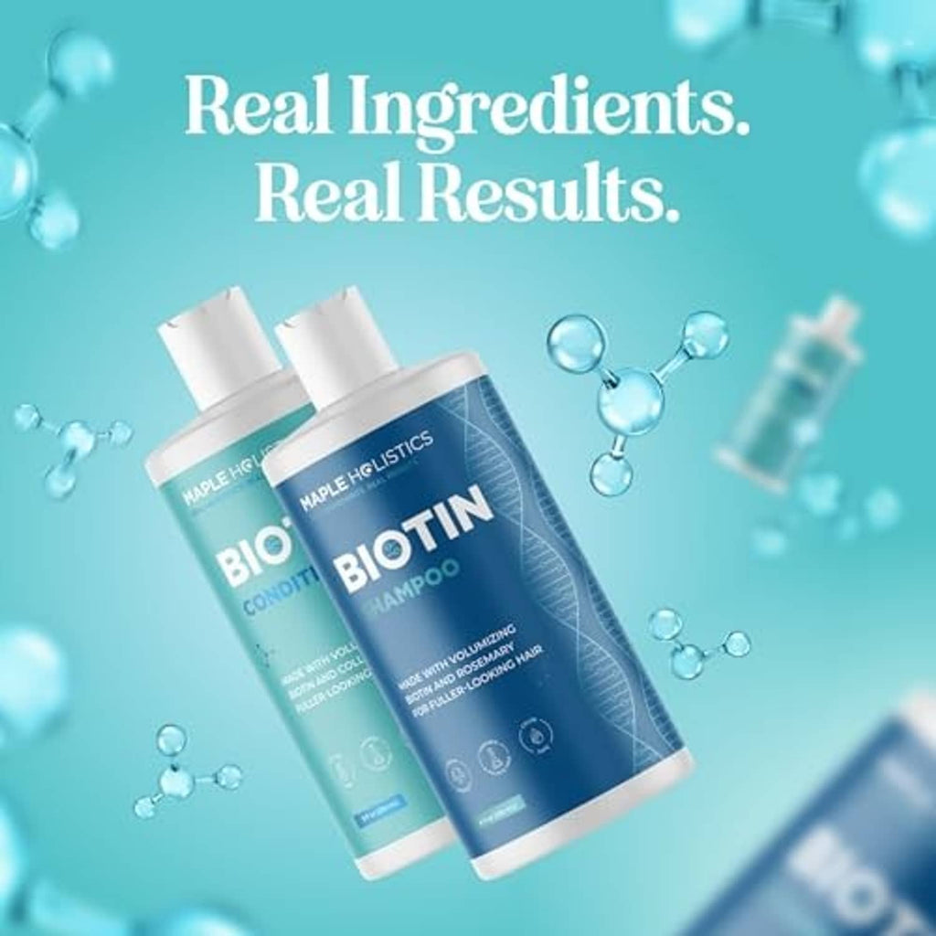 Two blue Biotin shampoo and conditioner bottles with water bubbles backdrop