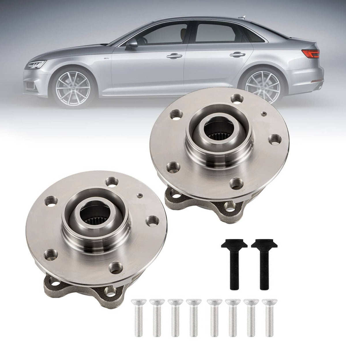 Wheel hub bearing assembly pair with flanges, bolts, and two black caps