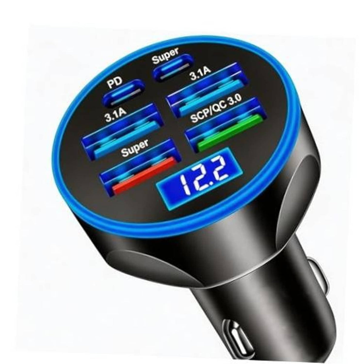 USB car cigarette lighter adapter with blue-lit multiport USB panel and voltage display 12.2