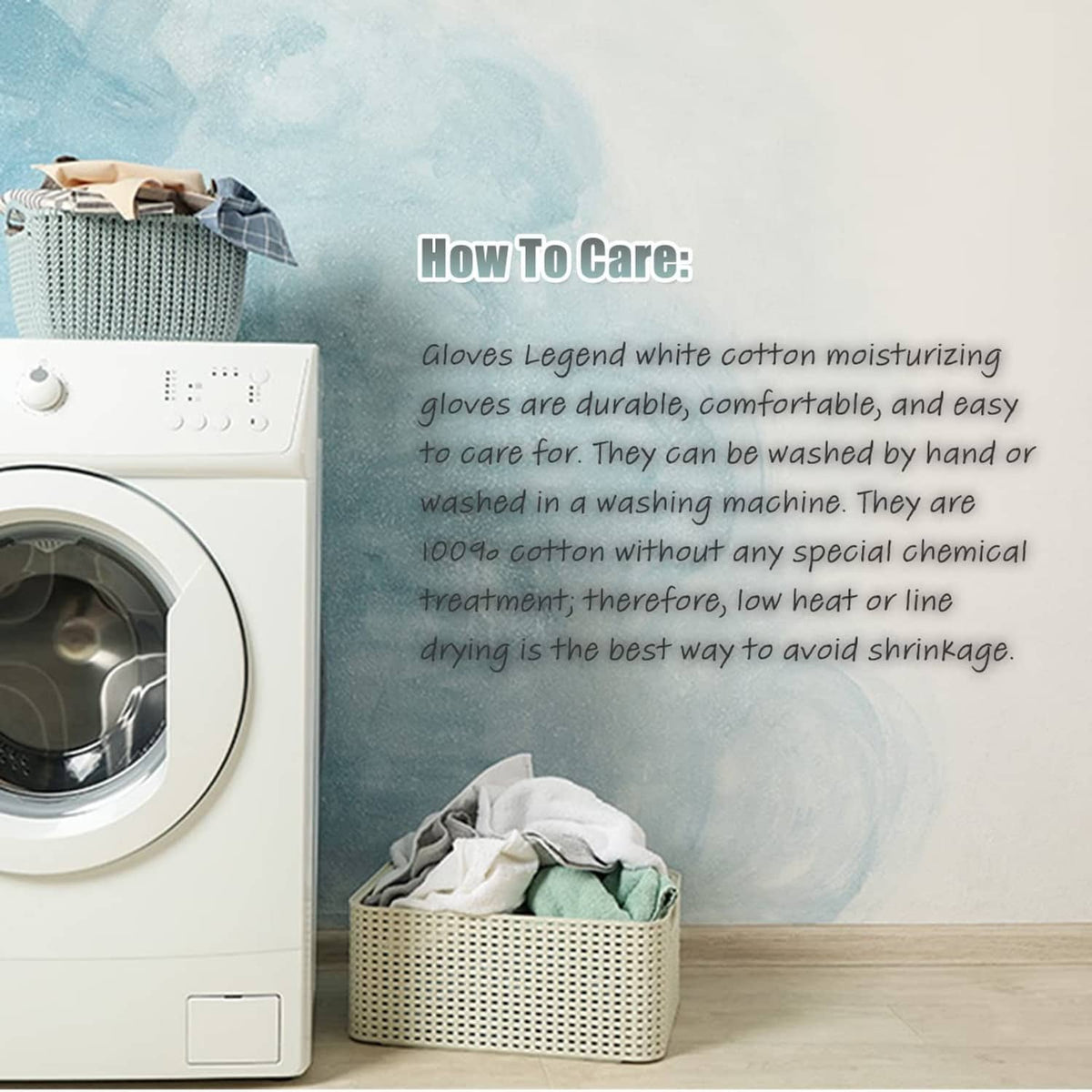 White cotton moisturizing gloves for care, stored with folded gloves in a basket