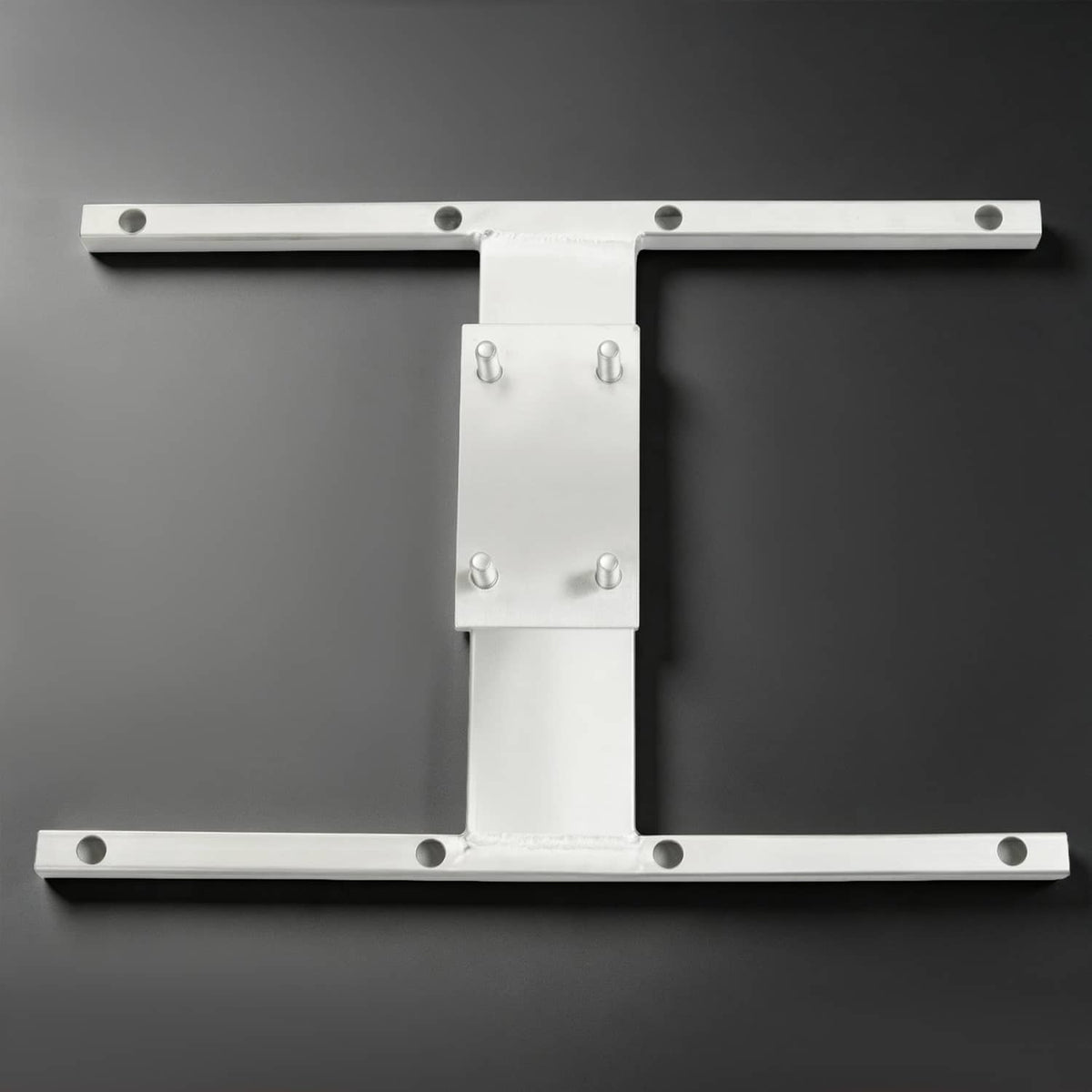 Aluminum H-mount spare tire carrier frame with mounting holes and attached plate hardware