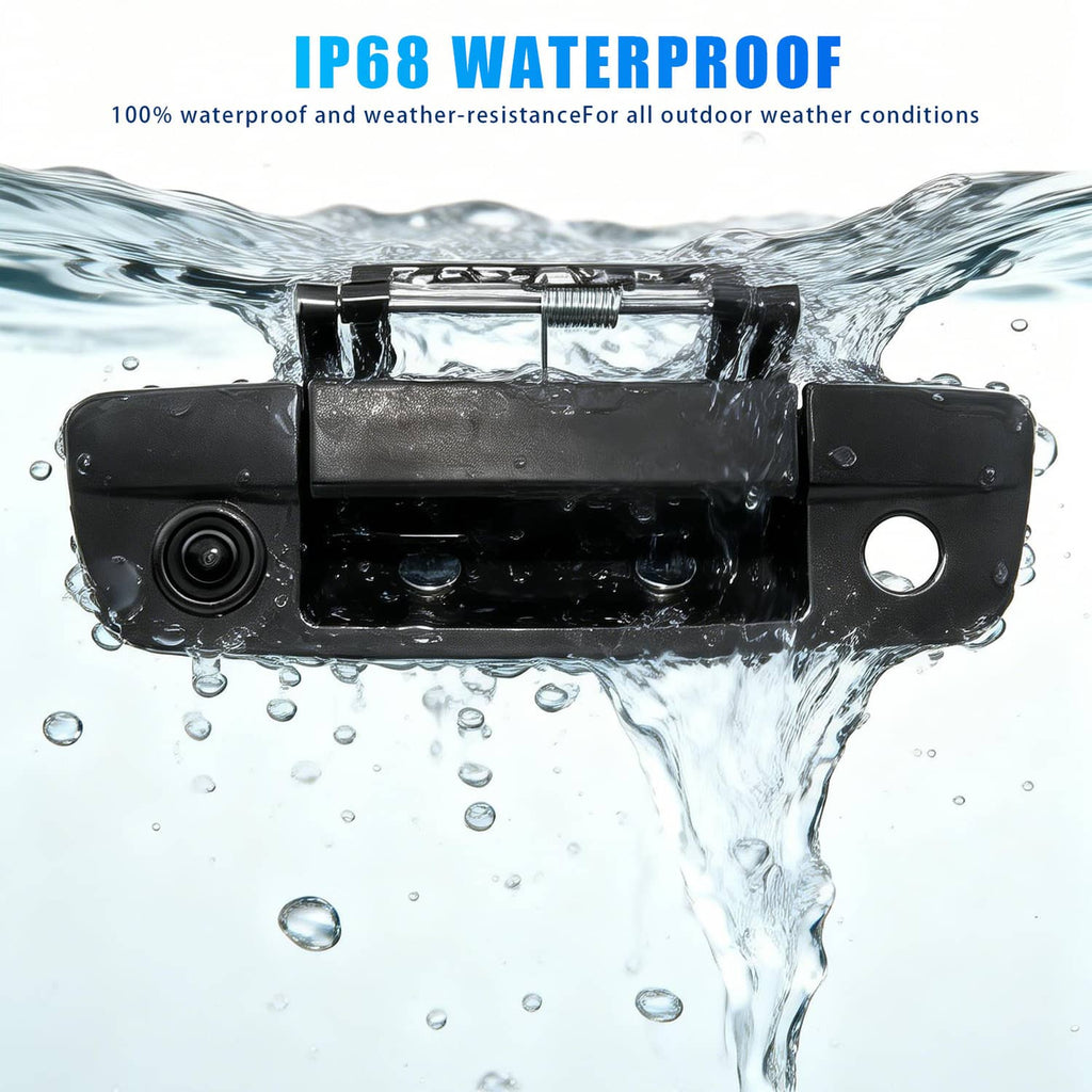 Water-resistant backup camera tailgate handle with front camera lens