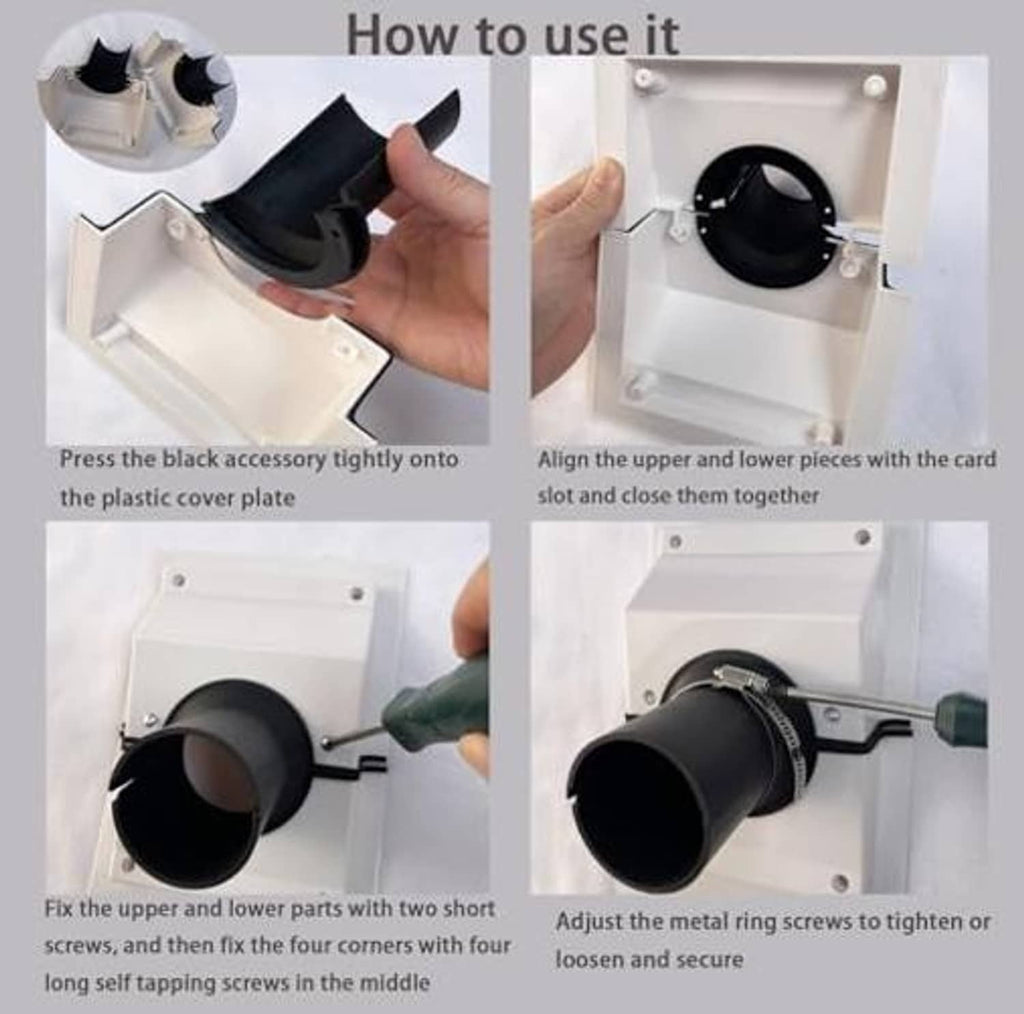 Black outlet cover pressed into white wall plate with installed line-set collar