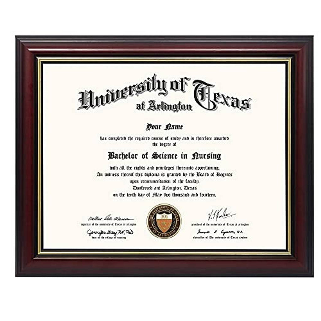 Front view cherry wood certificate diploma frame with gold inner border and certificate
