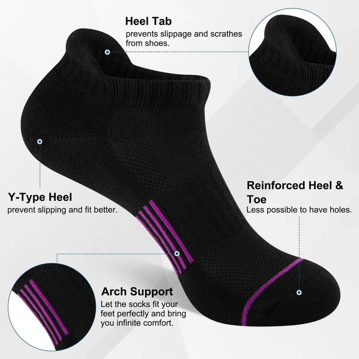 Black ankle socks with reinforced heel and toe plus purple arch stripe detail