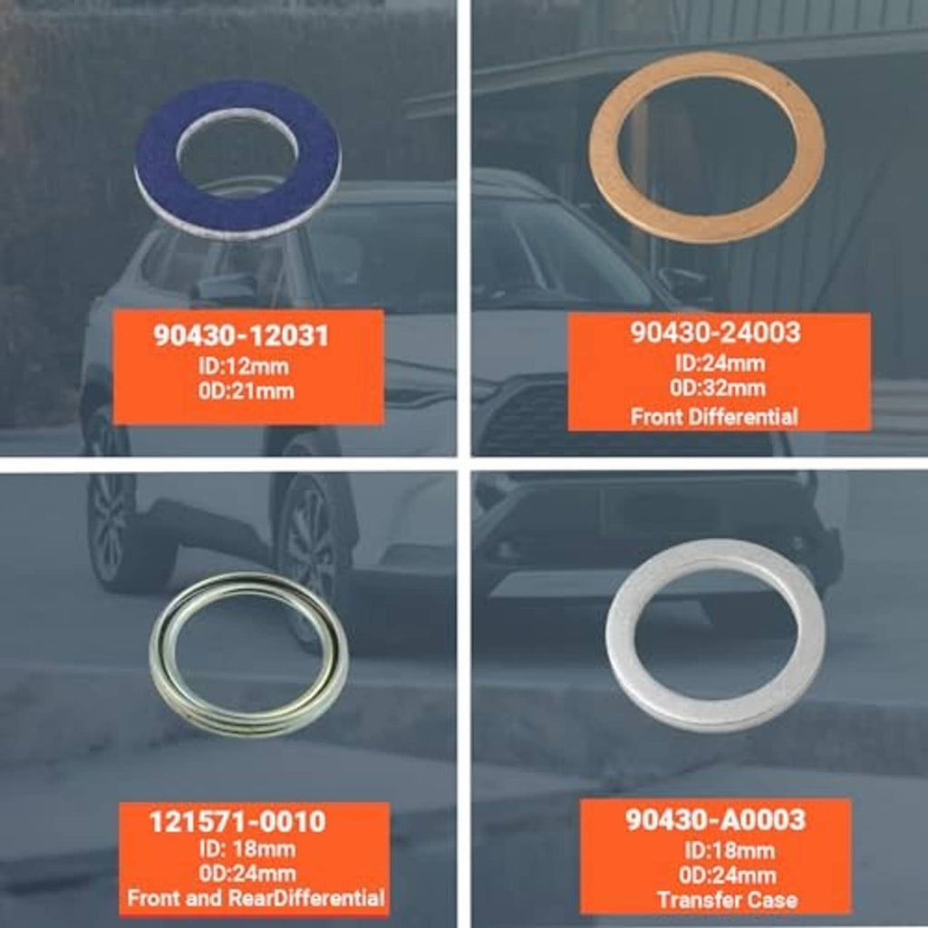Assorted drain plug gasket rings in blue, copper, silver, and green metal finishes