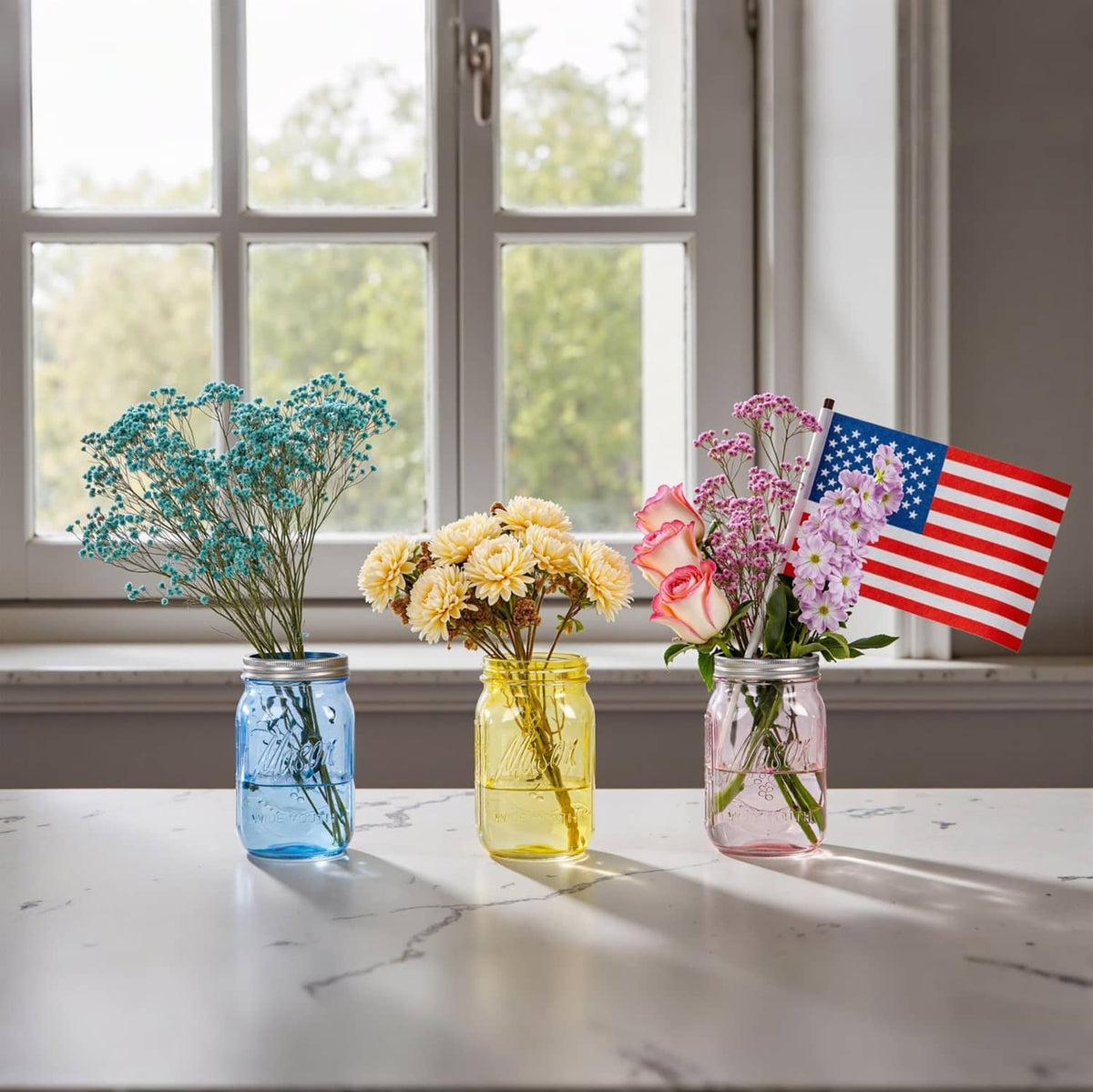 Colored wide-mouth mason jars with metal lids holding flowers on a windowsill: blue, yellow, pink.