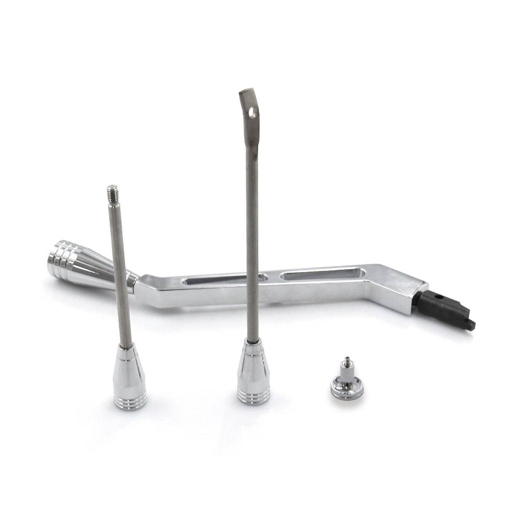 Polished column shifter lever kit showing base bracket, chrome studs, and rods