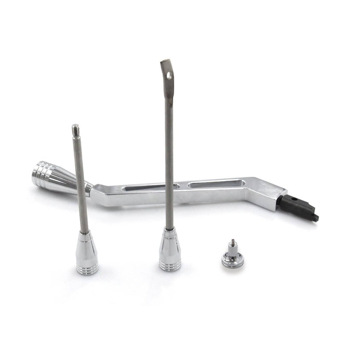 Polished column shifter lever kit showing base bracket, chrome studs, and rods