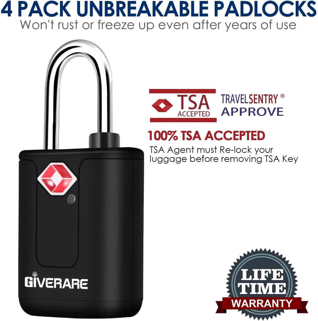 Black GIVERARE travel luggage padlock with chrome shackle and red logo