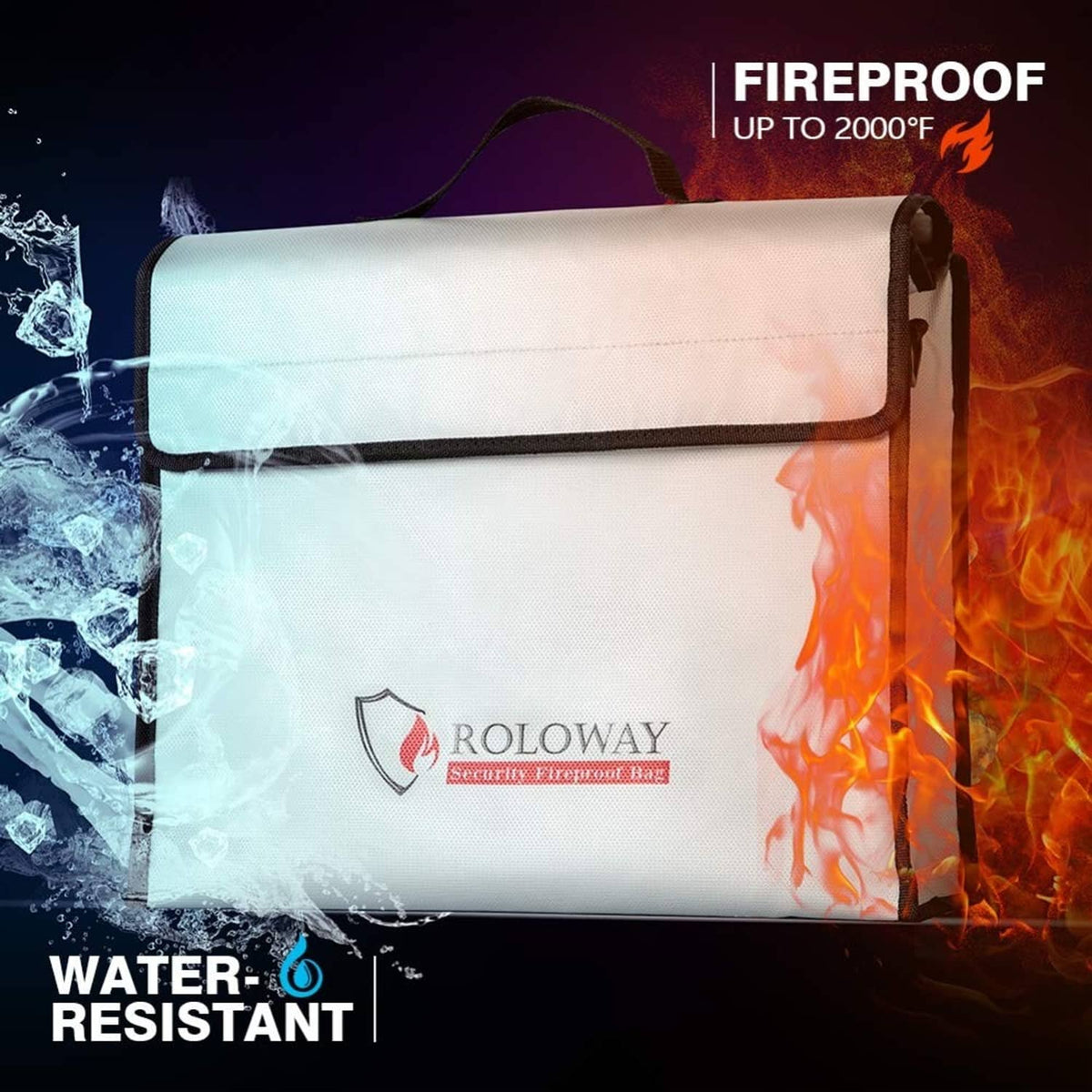 White fireproof document bag with shield logo and black handle