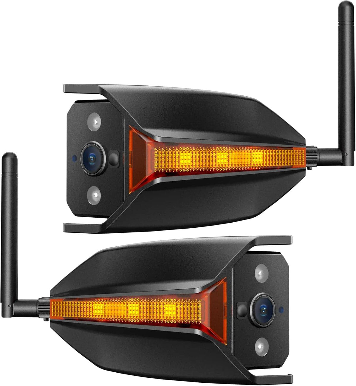 Wireless backup side cameras with antennas, black housings and amber LED bars