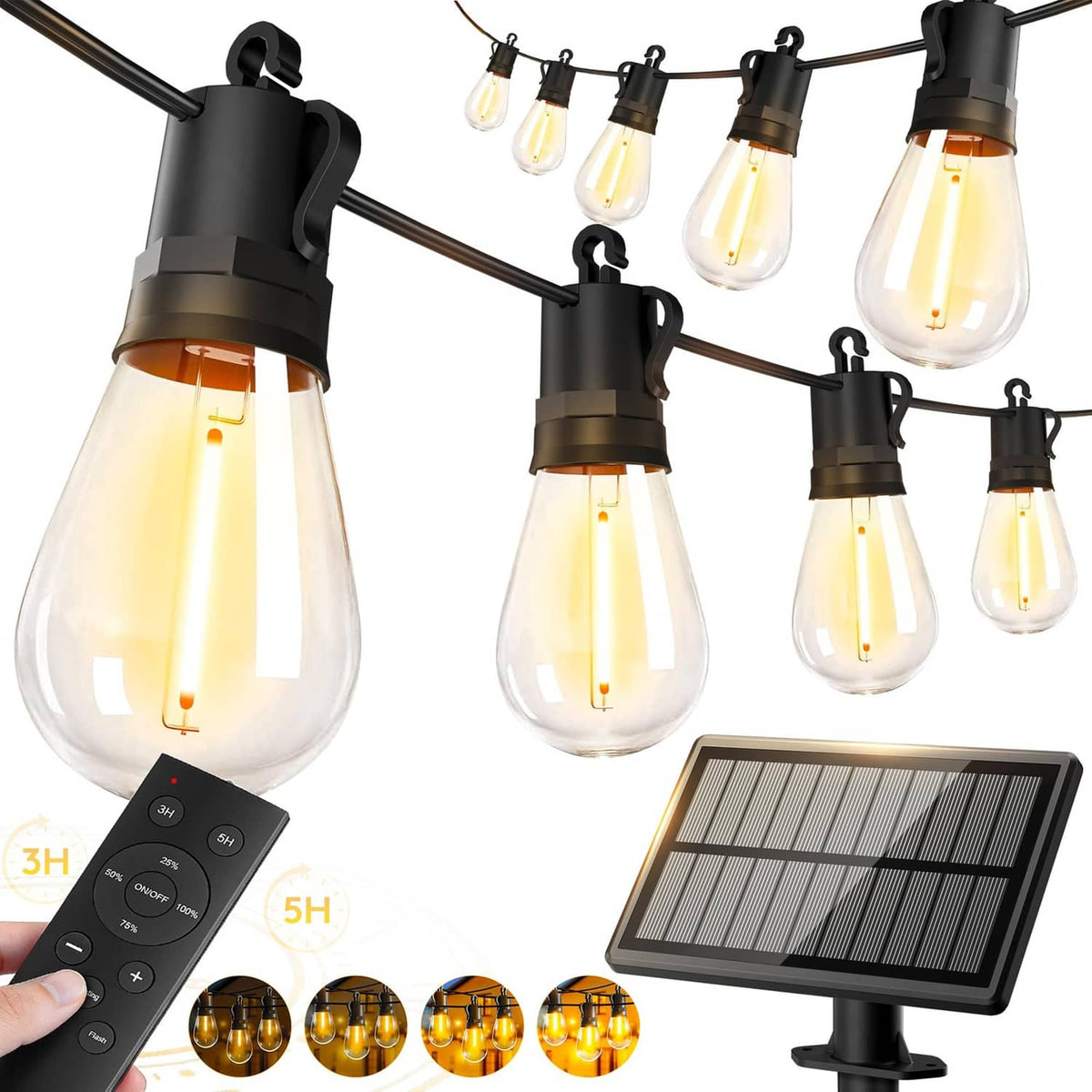 Solar string light set with clear glass teardrop bulbs and black sockets, warm glow