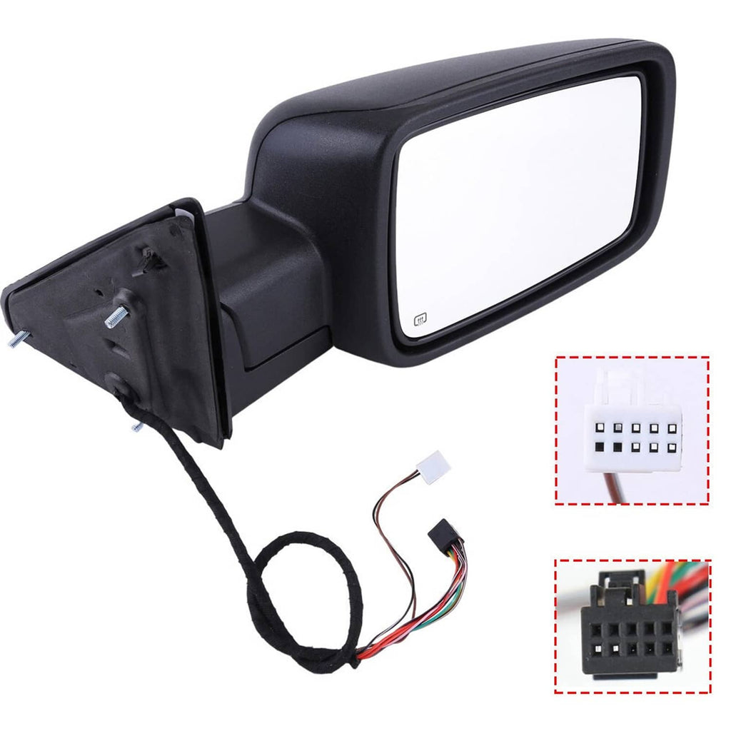 Black right side mirror with wiring connectors; inset shows signal plug details