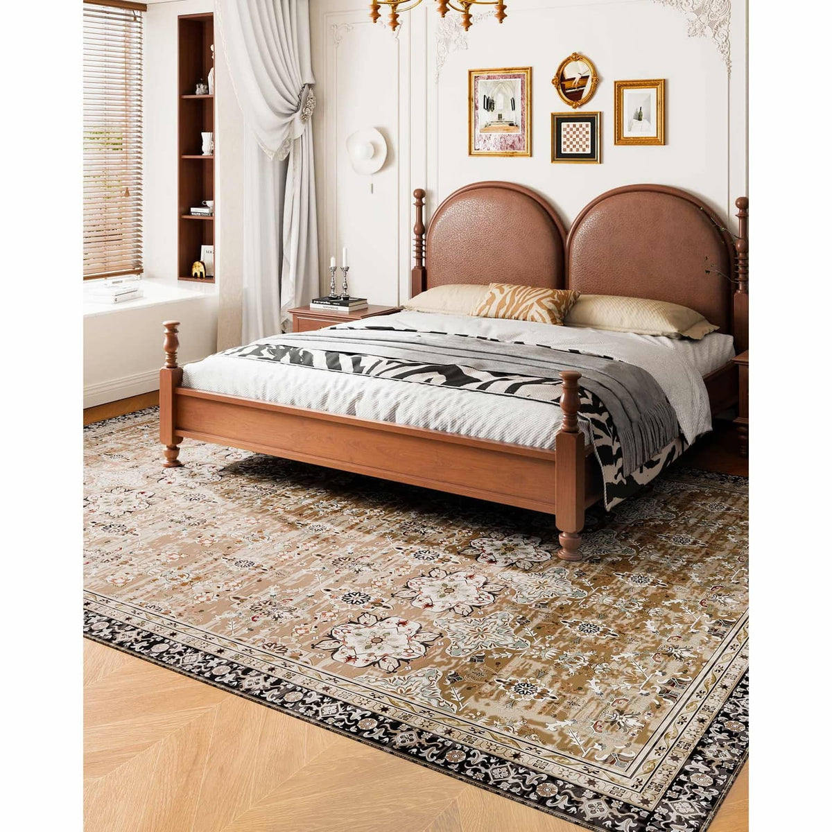 Vintage area rug with central floral medallions and dark border, brown, beige, teal