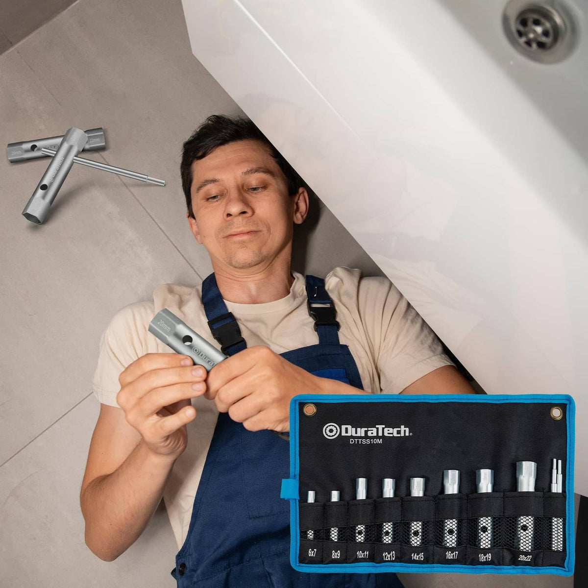 DURATECH user holding a silver shower valve socket wrench with pouch of sockets