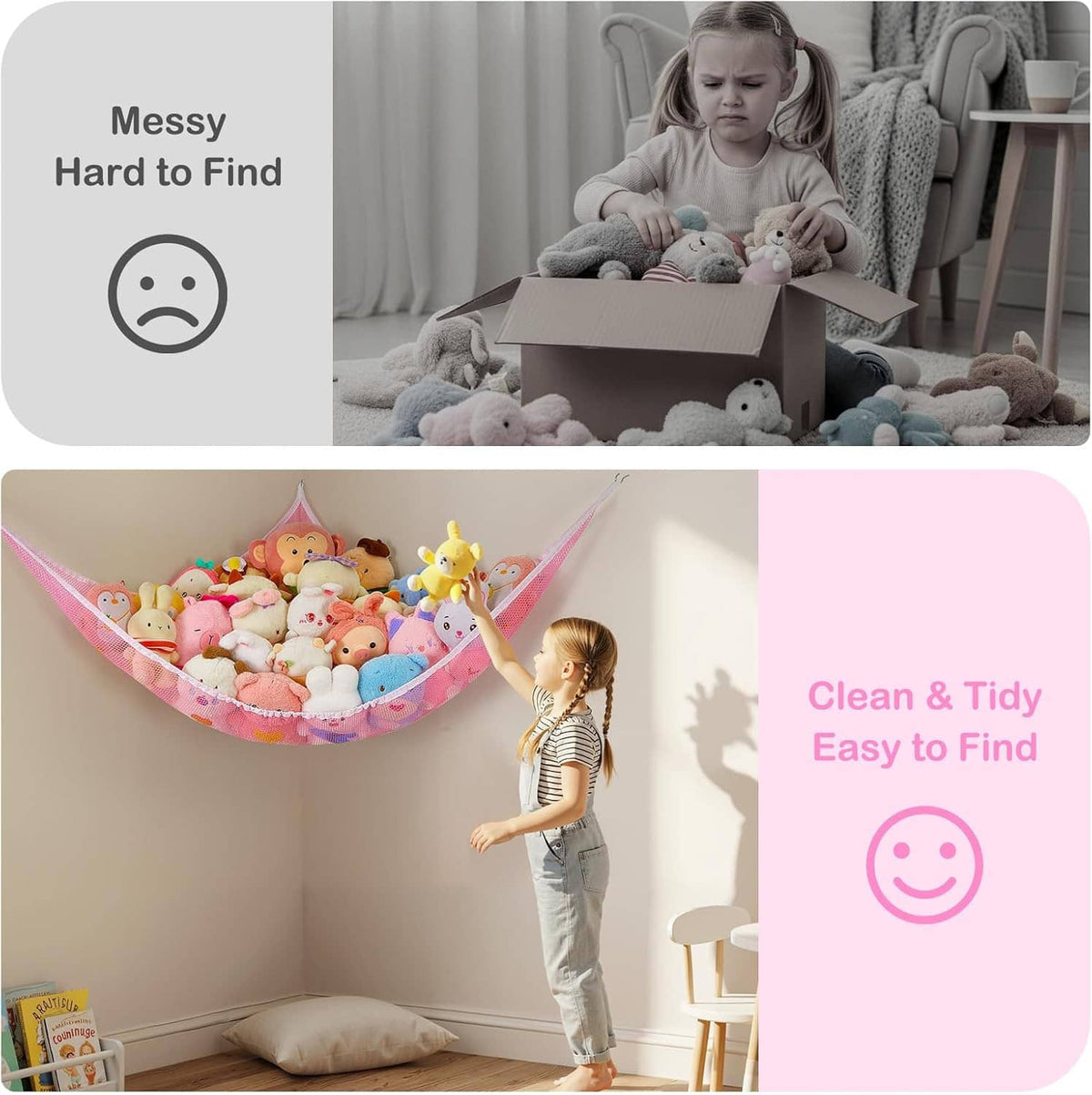 Plush animal hammock net organizer with toys, shown in a tidy kids room