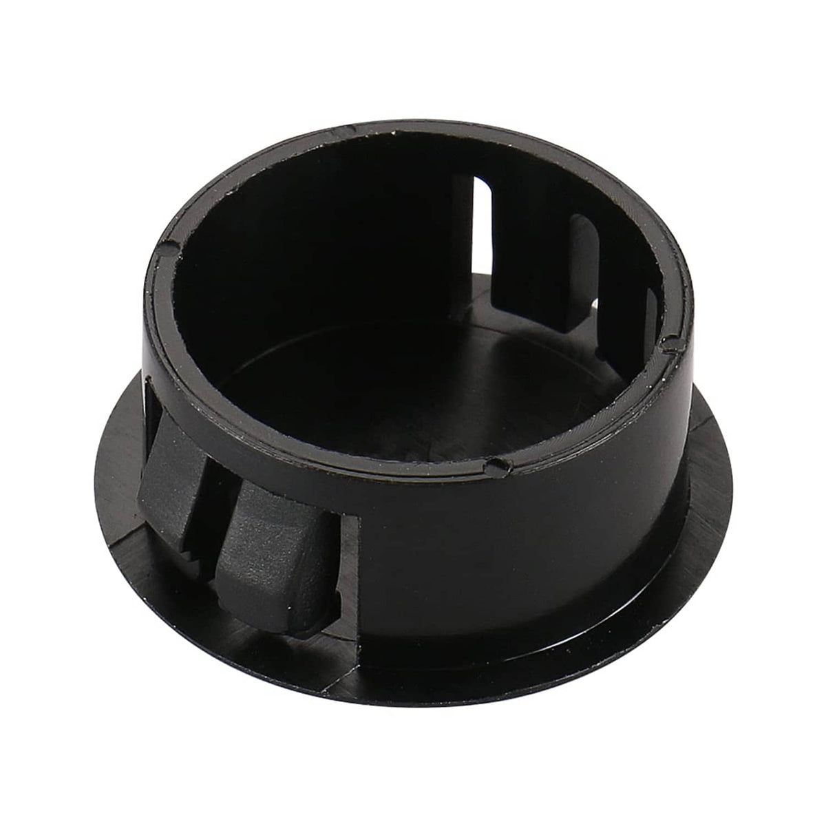 Black round hole plug with interior slots and locking tab structure