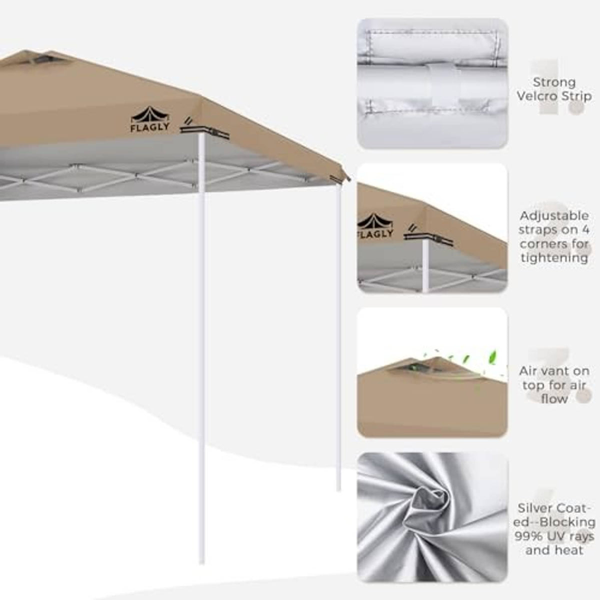 Khaki canopy top with Velcro straps and adjustable corner straps for secure fit