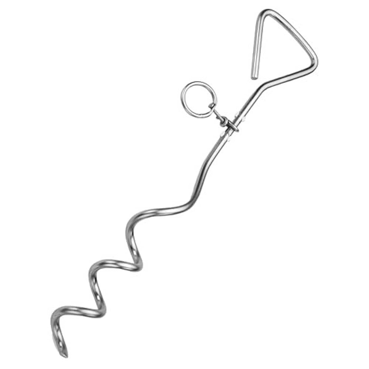 Chrome metal dog tie-out stake with spiral coil and hanging eye ring