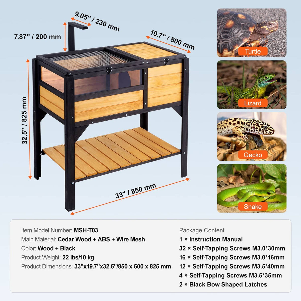 Wooden reptile habitat with two compartments, mesh top cover, and front latch hardware