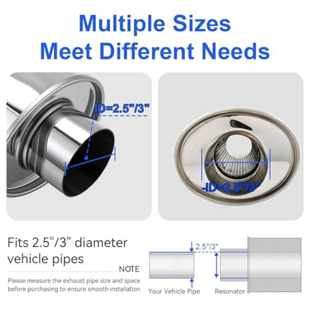 Stainless steel exhaust resonator muffler showing 2.5/3-inch inlet fit and outlet
