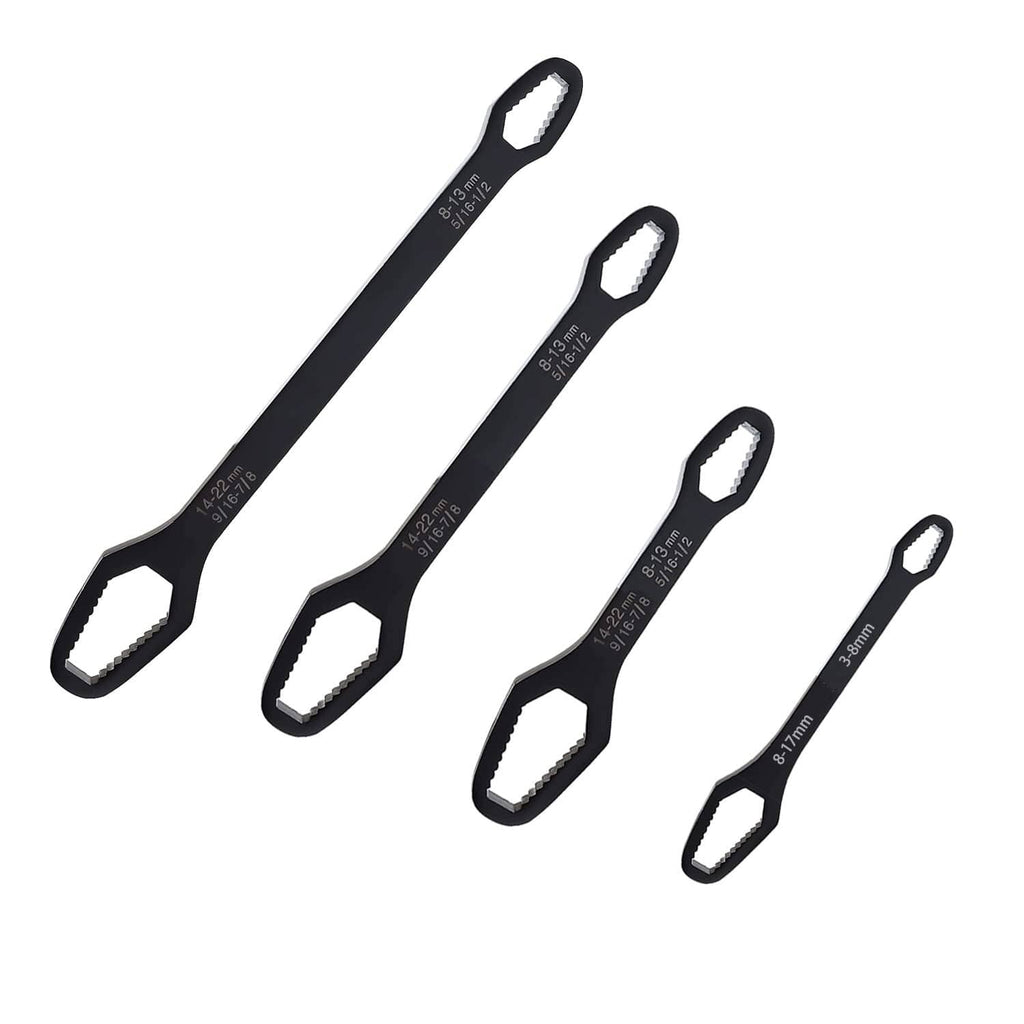 Black multifunction adjustable wrench set with four different open ends and size markings